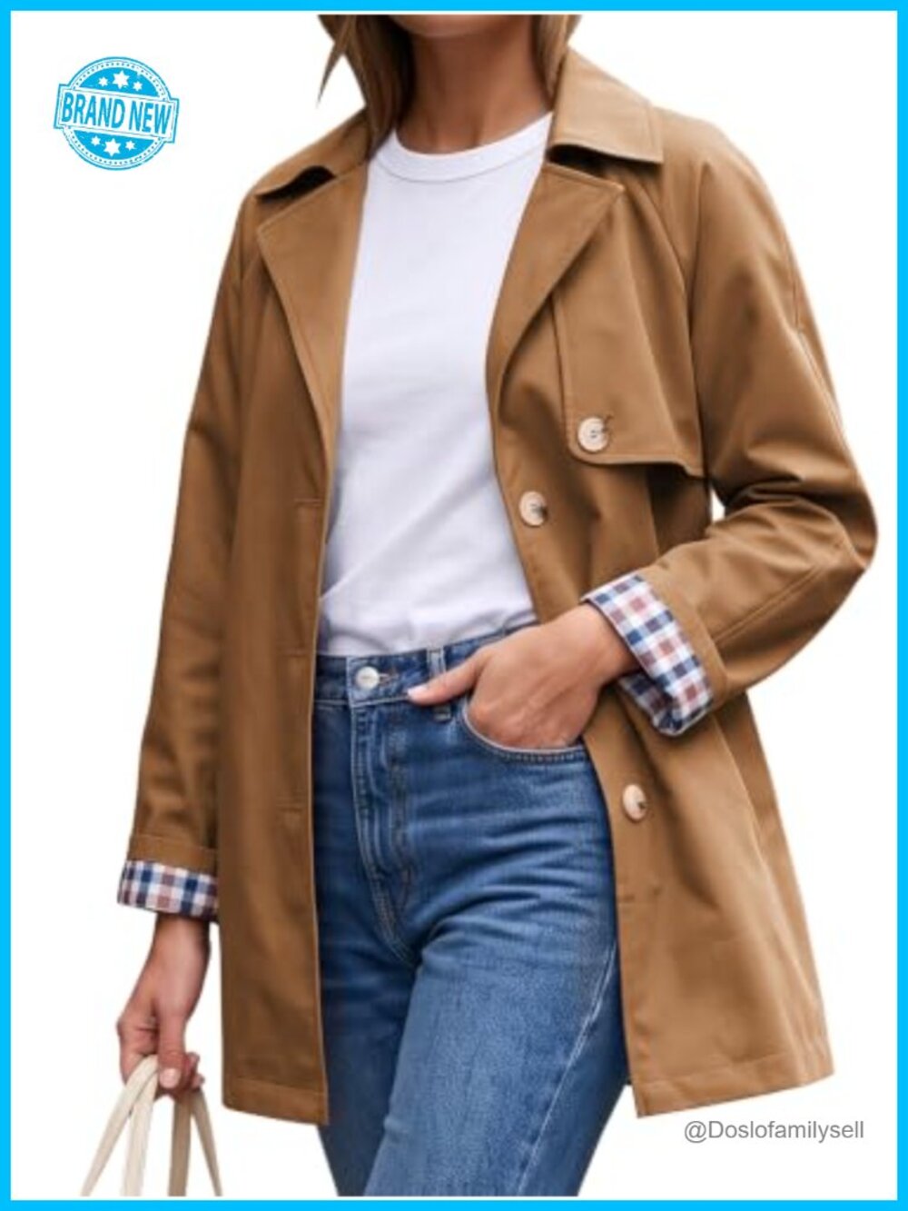 ECOWISH Women's Lightweight Trench Coat 100% Polyester Plaid Lining Button